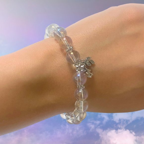 Genuine White Aura Quartz & Flower Charm Bracelet - Picture 1 of 2
